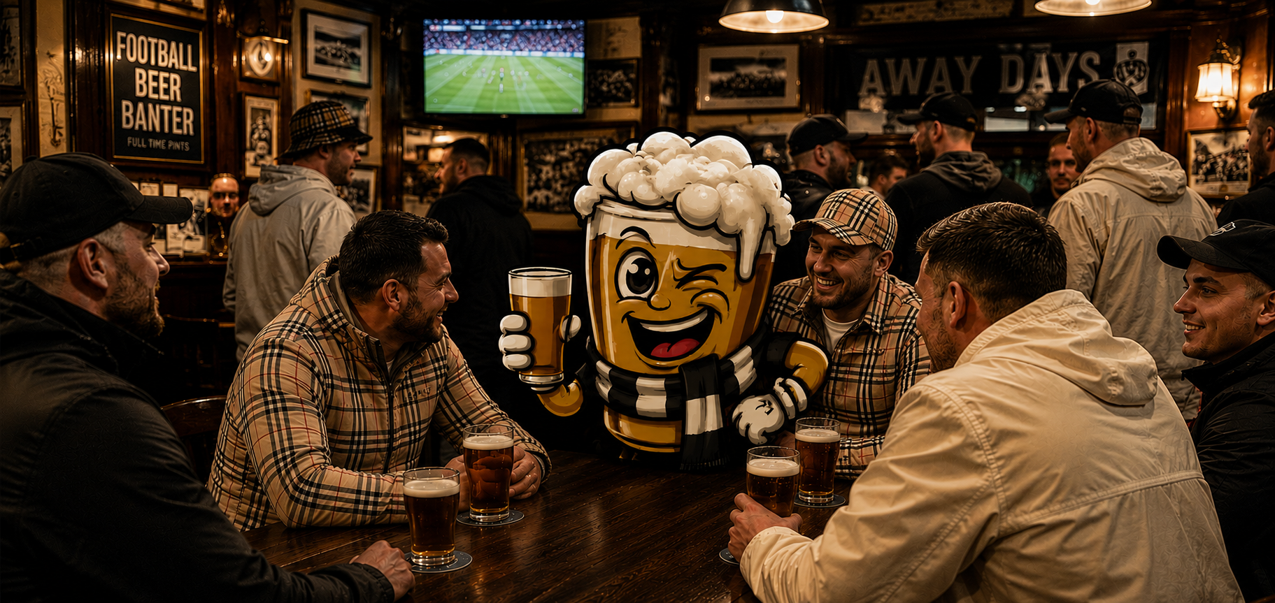 Person in a cartoonish beer mug costume surrounded by people in a pub setting.